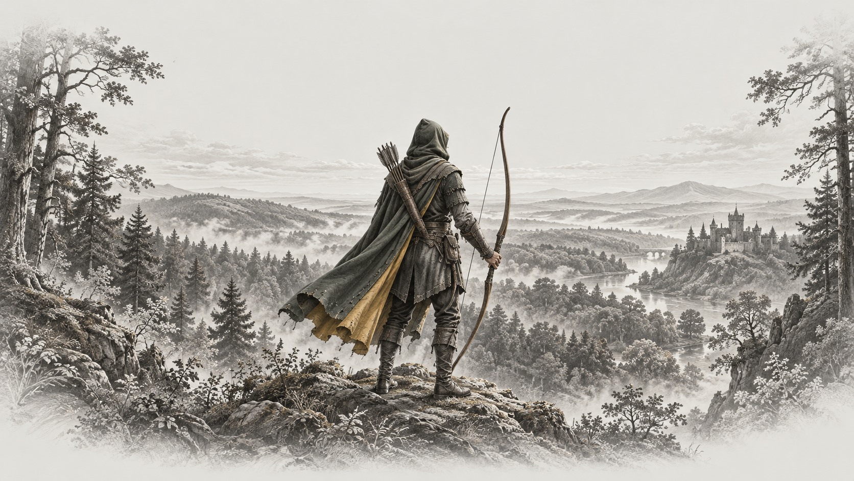An engraved hooded archer looking across Sherwood Forest toward a distant castle